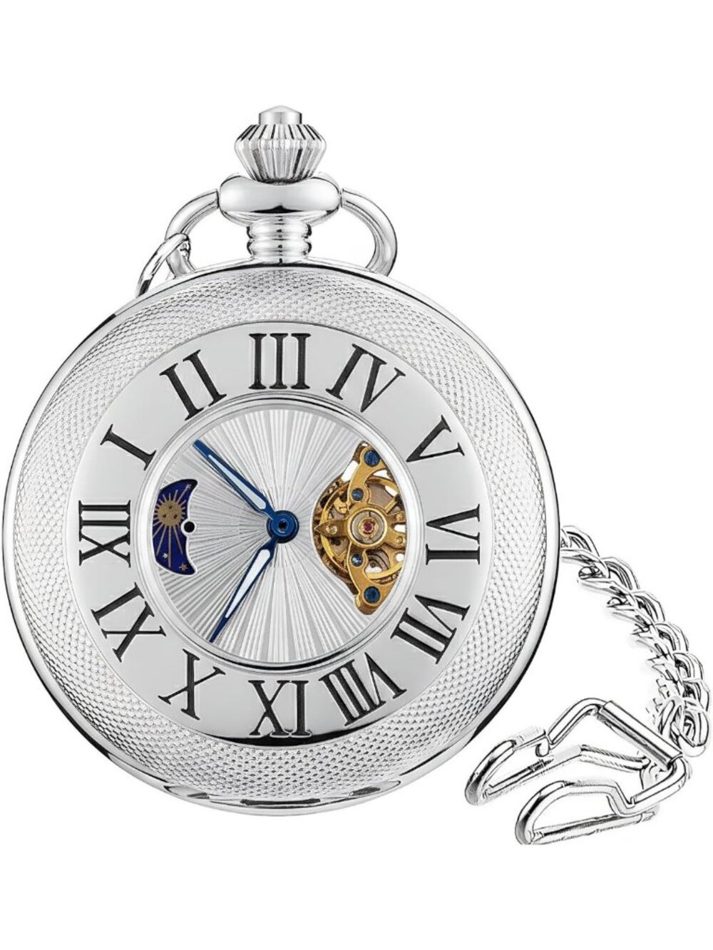 Vintage Mechanical Pocket Watch for Men - Moon Phase, Skeleton Face, Antique